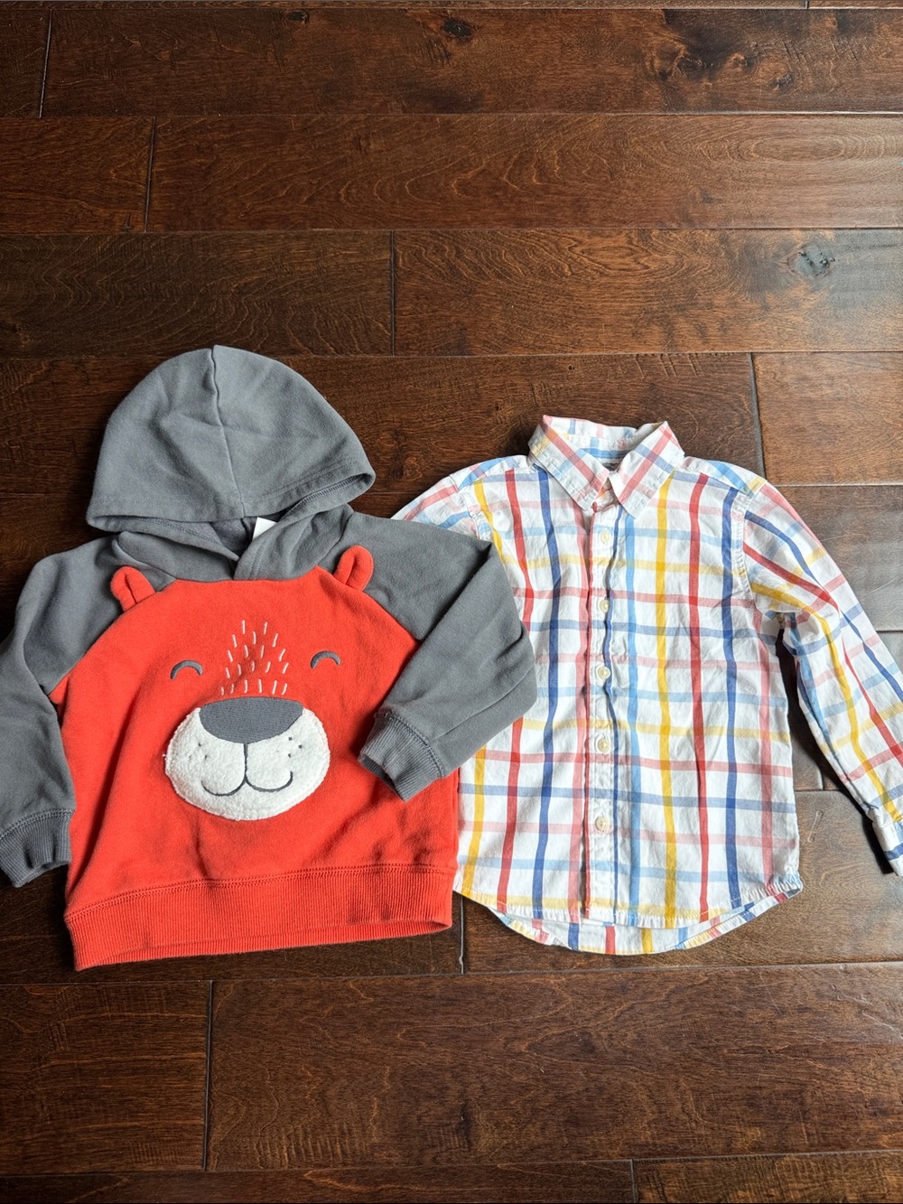 24M Kids Orange & Gray Critter Hoodie & 2T Plaid Button Down